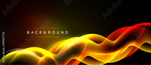 Abstract waves, vibrant colors, dynamic flow. Yellow, orange, red hues blend against dark backdrop. Modern design element.