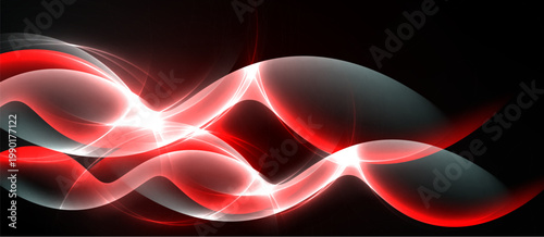 Abstract red energy flows, luminous waves against dark background. Bright highlights create dynamic visual impact.
