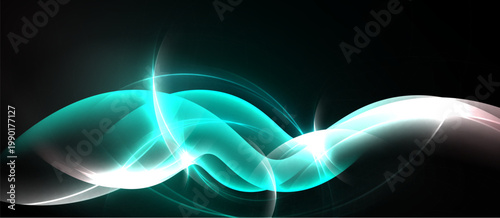 Abstract flowing lines, turquoise, white, black background. Bright energy radiates, creating dynamic visual effect. Smooth curves suggest movement.