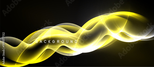 Abstract yellow waves flow across black space. Bright light creates dynamic, smooth curves. Background text reads background.