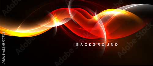 Abstract waves, vibrant colors, dynamic light effects. Background features flowing lines, red, orange, yellow hues. Modern design.