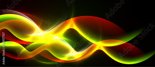 Bright abstract waves, vibrant colors blend. Dynamic shapes suggest movement, energy radiates from dark background.