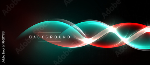 Abstract neon waves, vibrant colors, dark background. Dynamic light effects create futuristic visual experience. Smooth curves, energy flow.
