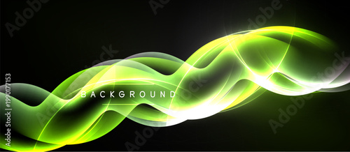 Abstract wavy lines, vibrant green hues, flowing form against dark backdrop. Dynamic energy, smooth curves create visual interest.