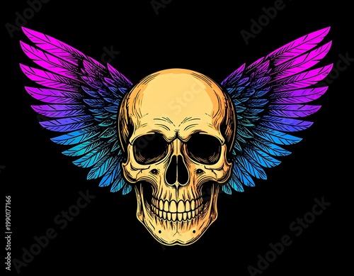 A golden skull with vibrant multicolored wings spread wide