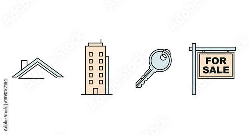 A set of icons representing real estate and property for sale