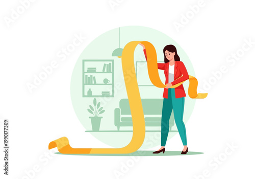 Overwhelmed Professional Woman Holding an Endless To-Do List, Stress and Heavy Workload Concept Illustration