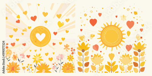 Vibrant and heartwarming illustration depicting a bright sun, blooming stylized flowers, and an abundance of floating hearts, symbolizing joy, growth, and love in a cheerful natural setting