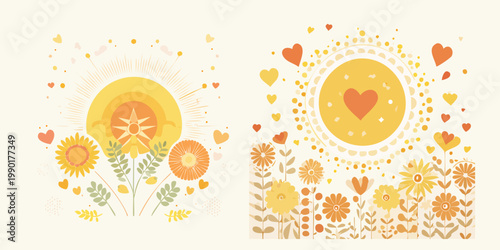 Whimsical Sun and Flower Radiance Charming Illustrations of Golden Suns, Happy Blooms, and Loving Hearts for a Joyful Summer Vibe