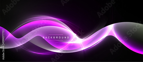 Abstract waves, vibrant purple hues, glowing light effects. Dark background creates dramatic visual impact. Modern design element.
