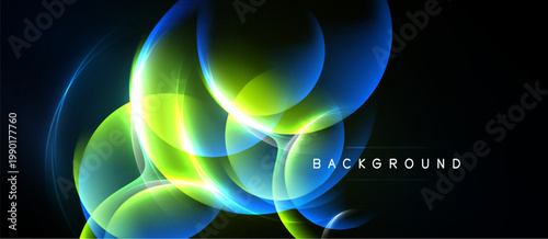Abstract design features vibrant circles, flowing lines. Blue, green, yellow hues create dynamic visual effect. Dark background emphasizes luminosity.