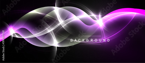 Abstract waves, vibrant purple hues, bright white light streaks. Dark background creates dramatic visual effect. Modern design element.