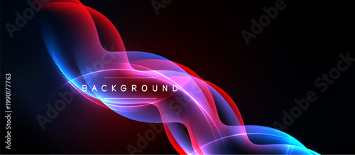 Abstract flowing lines, vibrant red, blue hues. Dark background creates dramatic visual effect. Modern design element.