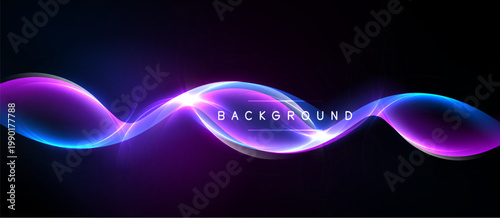 Abstract neon waves flow across dark background. Vibrant purple, blue hues create dynamic visual effect. Modern design element.