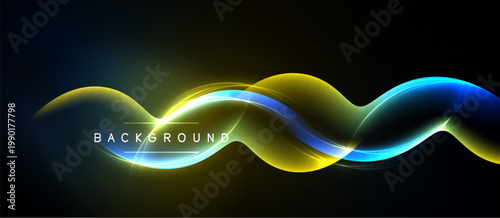 Abstract waves, vibrant colors, dynamic flow. Background features glowing lines, smooth curves, dark space. Modern design element.