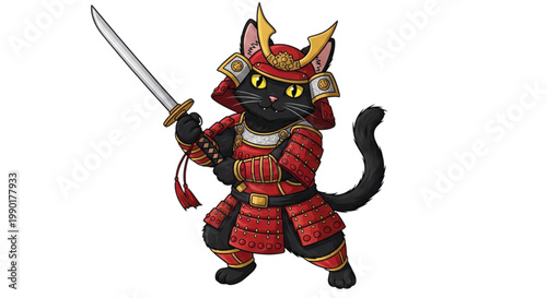 A black cat dressed as a samurai warrior, holding a sword, with a red and gold armor, and a helmet