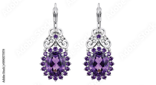 Elegant oval amethyst and diamond drop earrings crafted in white gold