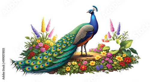 A majestic peacock stands proudly amidst a vibrant garden filled with a kaleidoscope of colorful flowers and lush green foliage, showcasing its stunning plumage