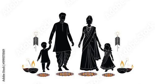 Illustrative Silhouette of a Family Celebrating a Festival with Diyas and Traditional Attire