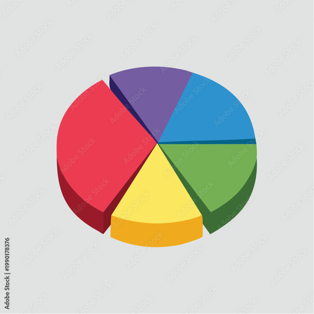 Fototapeta premium A colorful pie chart with five sections in red, blue, green, yellow, and purple on a gray background.