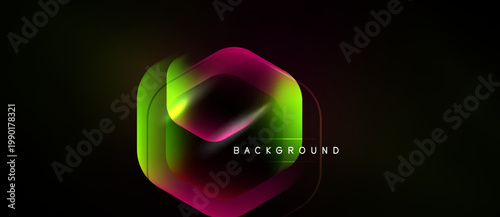 Abstract hexagon design. Vibrant gradients blend pink, green, yellow over dark background. Modern, dynamic visual element.