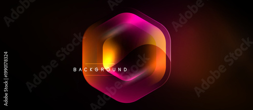 Abstract hexagon shape. Vibrant gradients blend orange, pink, purple hues. Dark background emphasizes glowing effect. Modern design element.