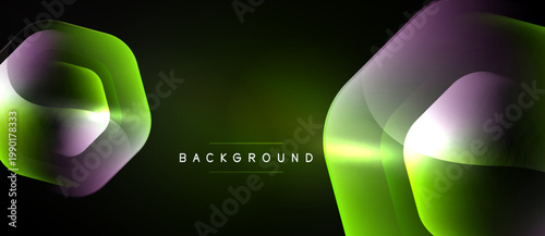 Abstract neon shapes overlap, creating vibrant green, purple glow. Dark background emphasizes luminosity, modern design element.