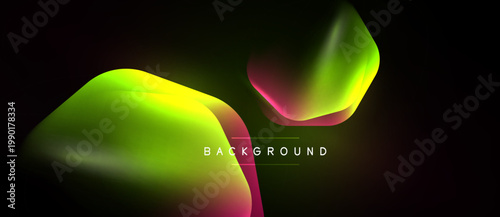 Abstract fluid shapes blend, creating vibrant gradients. Dark background emphasizes glowing neon colors, modern design element.