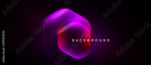 Abstract hexagon design. Vibrant purple gradients over black background. Modern, sleek presentation with text label below shape.