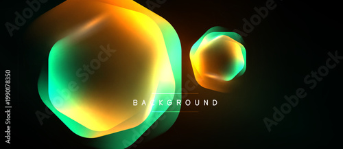 Abstract neon shapes overlap, creating vibrant glow effect. Dark background emphasizes luminous forms, modern design element.