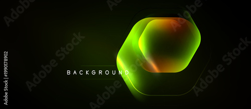 Dark background features glowing hexagon. Vibrant green, orange hues create futuristic effect. Text reads BACKGROUND below shape.