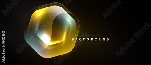 Abstract hexagon design. Golden layers create depth, glowing effect on dark background. Modern, minimalist aesthetic.