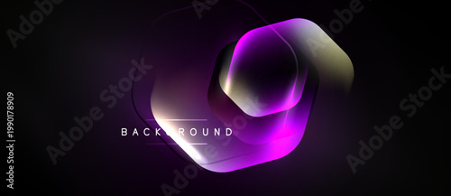 Abstract hexagon shapes overlap, creating vibrant purple, pink hues. Dark background emphasizes glowing effect, modern design element.