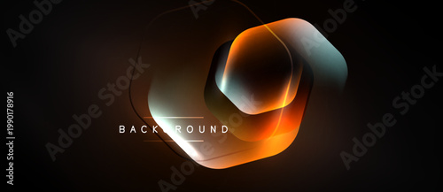 Abstract hexagon design. Vibrant orange, teal hues blend. Dark background creates dramatic effect. Modern, stylish visual element.