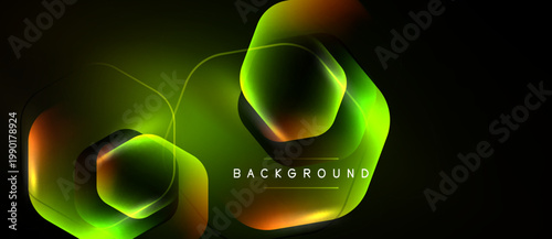 Dark background features glowing geometric shapes. Hexagons overlap creating vibrant neon effect. Modern design element for digital projects.