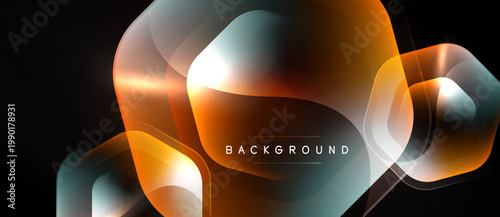 Abstract geometric shapes, vibrant orange, blue hues. Modern design, dark background creates contrast, dynamic composition.