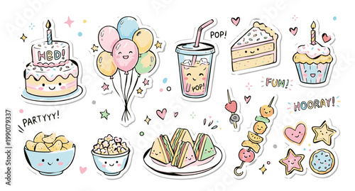 Cute Birthday Party Food Sticker Set, Kawaii Hand Drawn Cake Balloons and Snacks Doodles