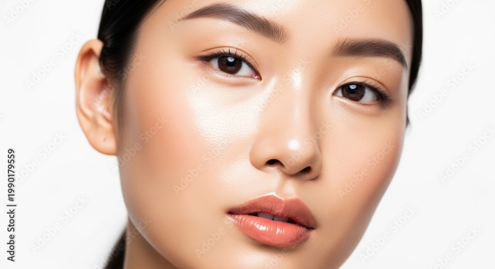 Fototapeta premium Close-up portrait of a woman's face with smooth skin, brown eyes, and pink lips