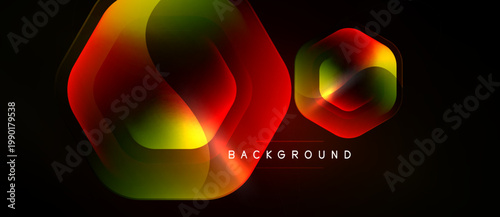 Abstract neon shapes overlap, creating vibrant red, yellow, green gradients. Dark background emphasizes glowing effect. Modern design element.