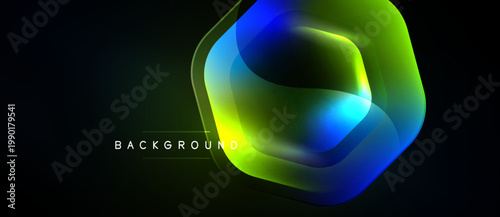 Abstract hexagon design. Vibrant blue, green hues blend. Dark background emphasizes glowing layers, modern aesthetic. Background text present.
