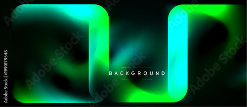 Abstract fluid shapes, vibrant green hues, dark background. Modern design element, dynamic composition, glowing effect.