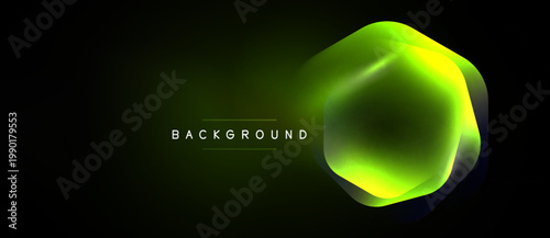 Dark backdrop features vibrant hexagon shape. Gradient colors create luminous effect. Text reads background. Modern design element.