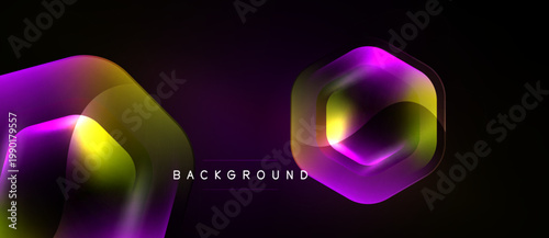 Abstract shapes, vibrant purple, gold hues dominate dark background. Modern design, dynamic lighting creates visual interest.