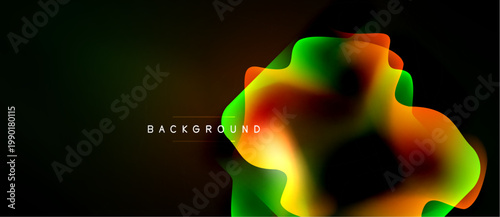 Abstract fluid shapes, vibrant colors blend. Dark background emphasizes glowing orange, green hues. Modern design element.