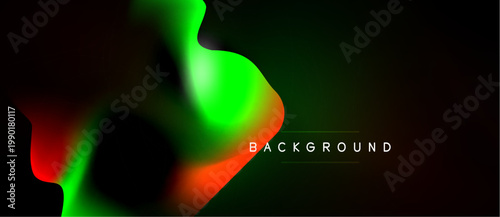 Abstract fluid shapes, vibrant colors blend. Dark background emphasizes bright red, green hues. Modern design element.