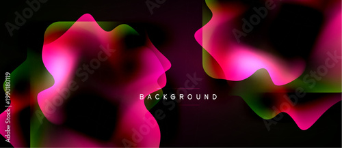 Abstract fluid shapes, vibrant pinks, reds, greens blend. Dark background creates dramatic visual impact. Modern design element.