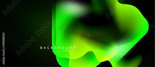 Abstract green shapes overlap black space. Gradient colors create fluid, modern design. Minimalist aesthetic, text reads background.