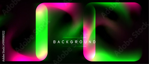 Abstract neon lights blend, creating vibrant pinks, greens. Dark background emphasizes glowing layers, modern design element.
