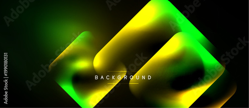 Abstract shapes, vibrant green, yellow hues dominate dark background. Modern design, dynamic flow, gradient effect present.