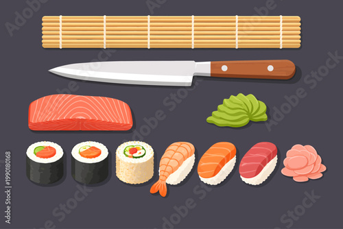 Fresh sushi and sashimi illustration set featuring salmon nigiri, tuna nigiri, maki rolls, shrimp sushi, wasabi, pickled ginger, fillet cuts, and a chef knife on a dark background